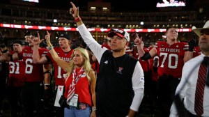 Sep 5, 2026; Lubbock, Texas, USA; Texas Tech Red Raiders head coach Joey McGuire sings the school song after the game against the Abilene Christian Wildcats at Galaxy Stadium.