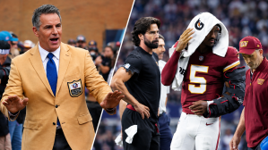 Kurt Warner arrives on the red carpet during the Pro Football Hall of Fame Class of 2022 Enshrinement at Tom Benson Hall of Fame Stadium. In the other photo, Washington Commanders quarterback Jayden Daniels (5) leaves the game with an apparent injury to his left arm during the second half against the Dallas Cowboys at AT&T Stadium
