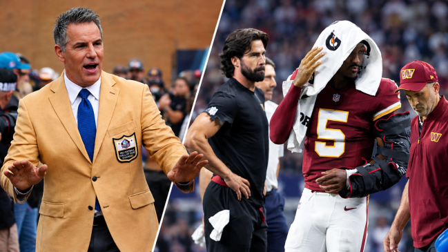 Kurt Warner arrives on the red carpet during the Pro Football Hall of Fame Class of 2022 Enshrinement at Tom Benson Hall of Fame Stadium. In the other photo, Washington Commanders quarterback Jayden Daniels (5) leaves the game with an apparent injury to his left arm during the second half against the Dallas Cowboys at AT&T Stadium