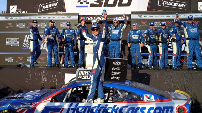 Kyle Larson celebrated win in Enjoy Illinois 300 NASCAR Cup Series race.