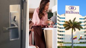hotel door (l) woman shares hotel experience (c) Hilton hotel (r)