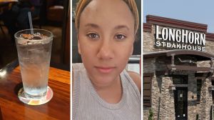 glass of water (l) woman shares restaurant experience (c) Longhorn steakhouse entrance (r)