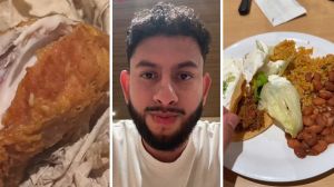 fried chicken leg (l) man shares eating at Golden Coral experience (c) buffet meal (r)