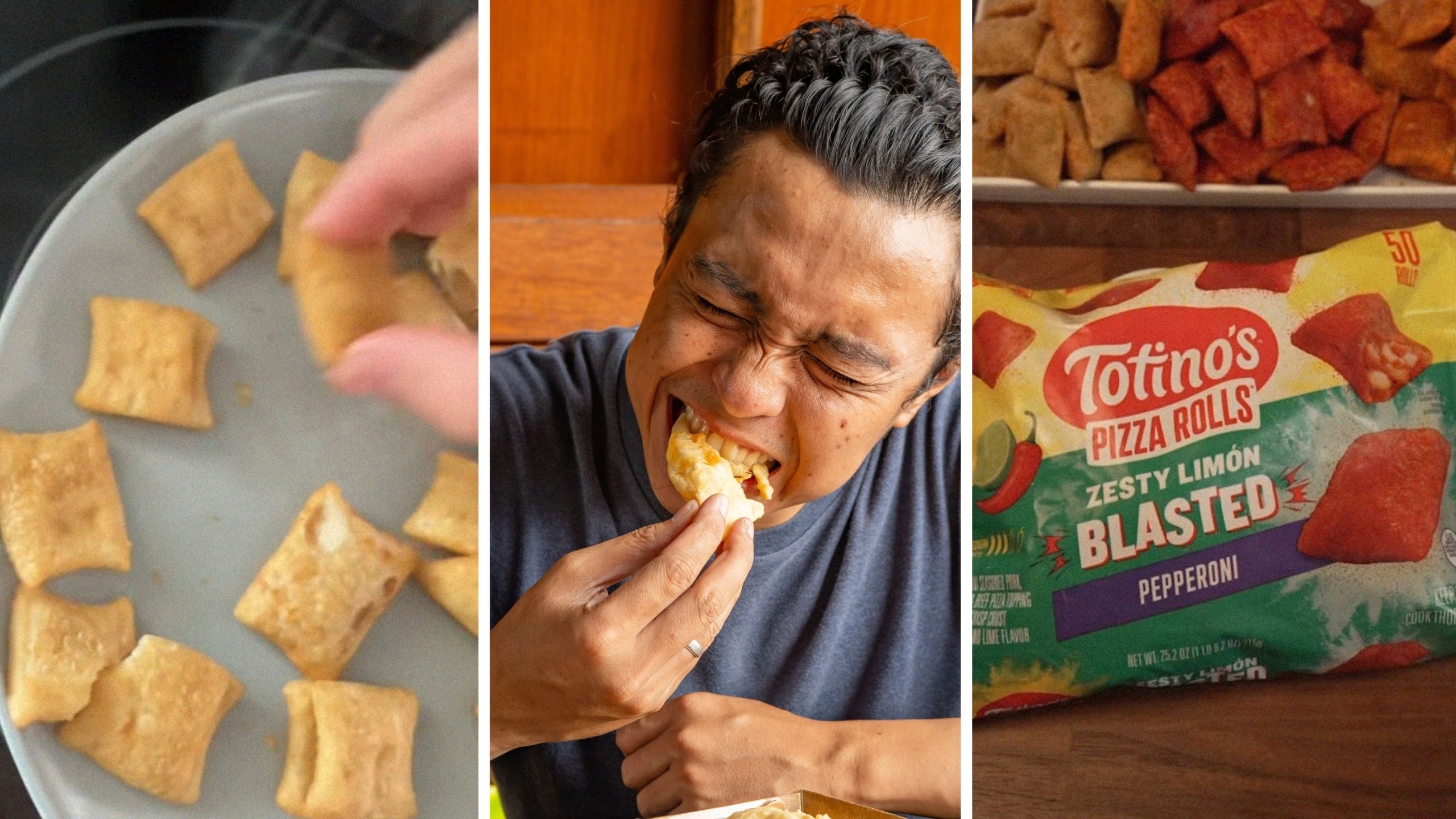 pizza rolls (l) man eating mini pizza rolls (c) Totino's pizza rolls (r)