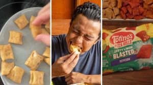 pizza rolls (l) man eating mini pizza rolls (c) Totino's pizza rolls (r)