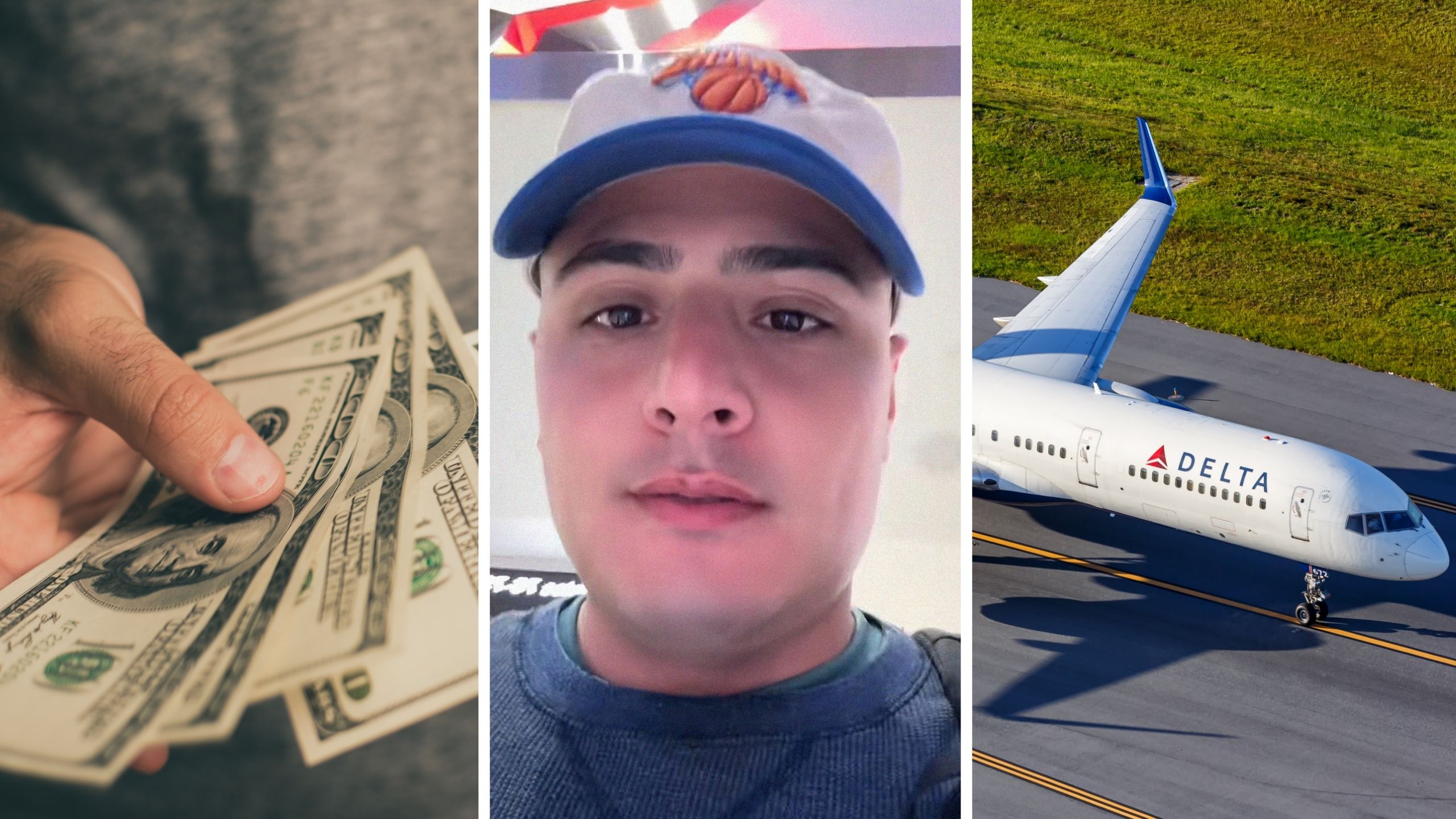 Offer From Delta Worker (l) man shares travelling hack (c) Delta airlines (r)