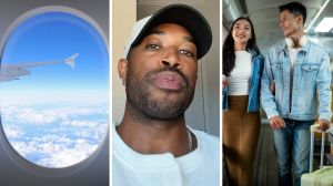 window seat (l) man shares travelling issue (c) couple travelling together (r)