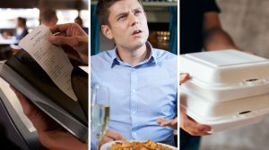 restaurant bill (l) concerned restaurant customer (c) to-go box (r)