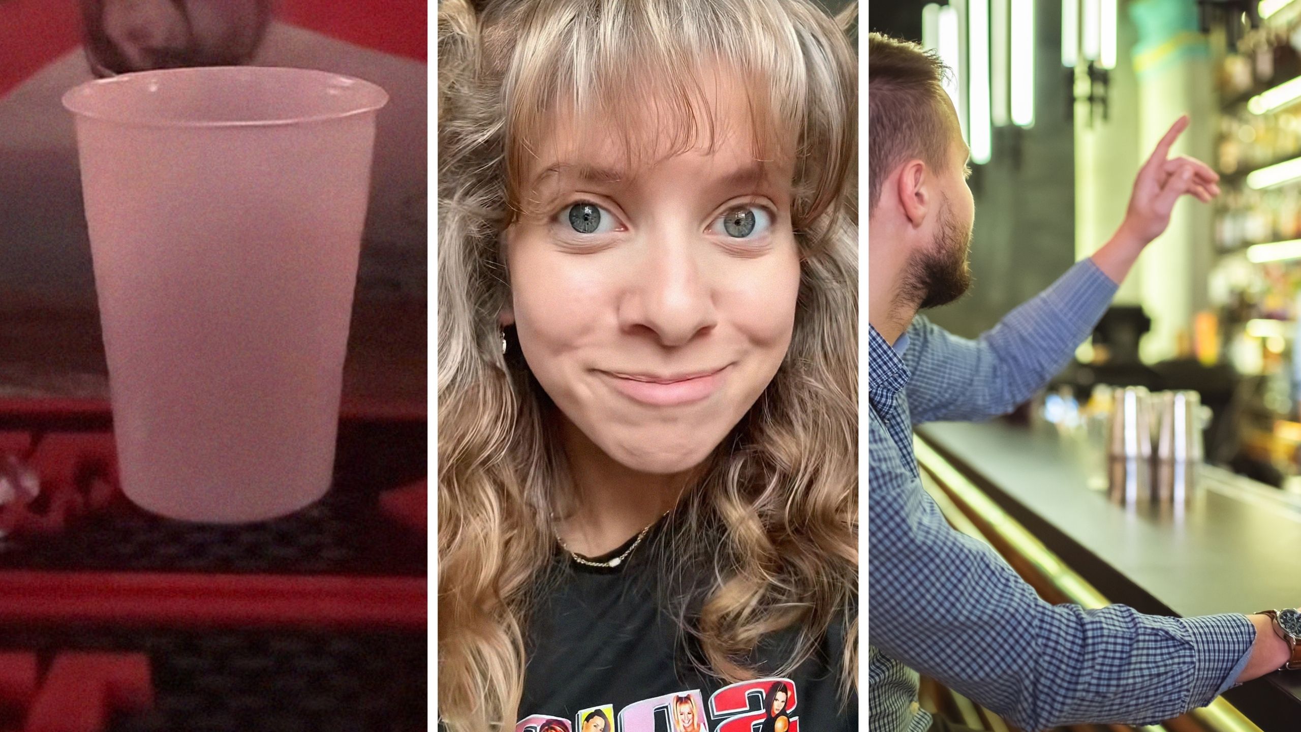 shot cup (l) bartender shares strange shot order (c) man ordering a shot (r)