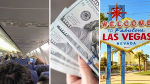 flight interior (l) hundred dollar bills (c) Las Vegas sign (r)