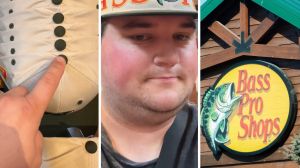 hats for sale (l) man shares Bass Pro shopping experience (c) Bass Pro shop (r)