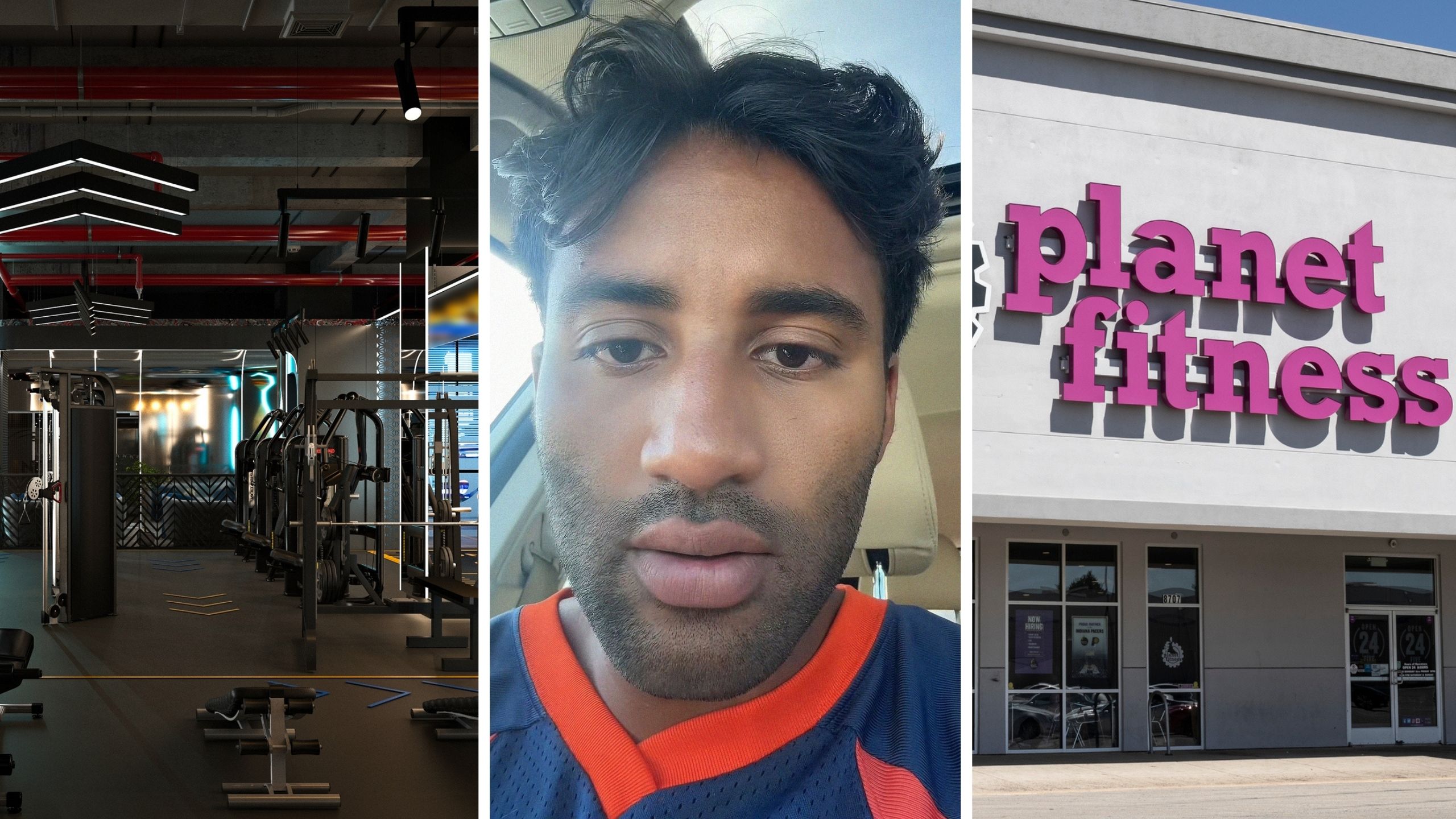 gym interior (l) man shares gym features (c) Planet fitness entrance (r)