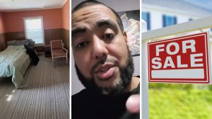 room interior (l) man shares open house experience (c) House for sale (r)