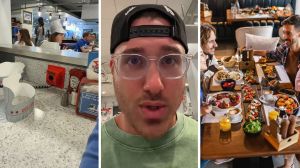 restaurant with no servers (l) man shares restaurant experience (c) family eating out (r)