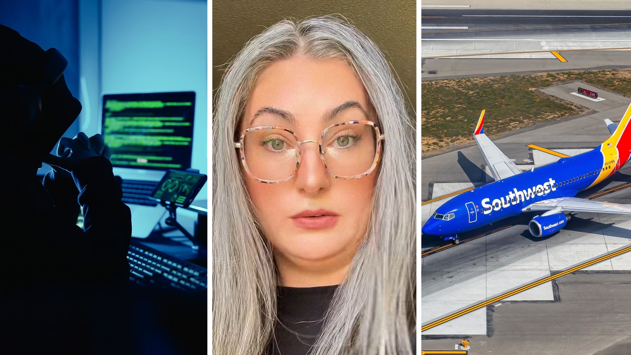 accounts hacker (l) woman shares southwest airlines issue (c) southwest airlines plane (r)