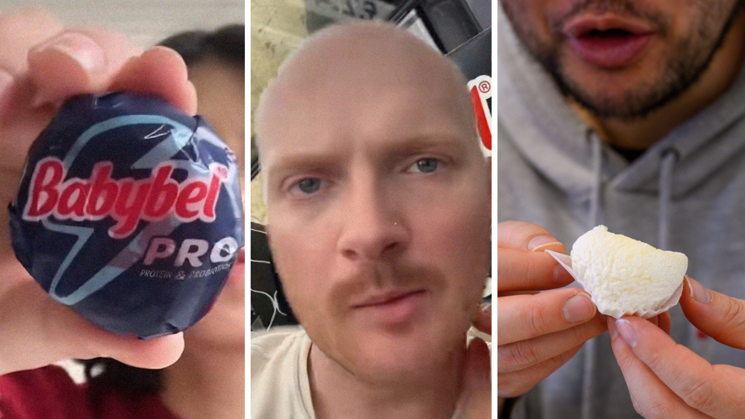 Babybel cheese (l) man shares cheese observation (c) man eating cheese (r)