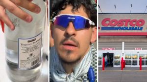 bottle of Tequila Blanco (l) man shares Costco hack (c) Costco storefront (r)