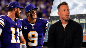 On the left, J.J. McCarthy #9 and Carson Wentz #11 of the Minnesota Vikings look on from the sideline against the Atlanta Falcons in the fourth quarter of the game at U.S. Bank Stadium on September 14, 2025. On the right, JJ Watt talks to media before Burnley's friendly against FC Cincinnati at TQL Stadium.