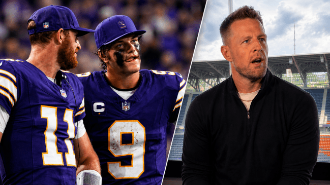 On the left, J.J. McCarthy #9 and Carson Wentz #11 of the Minnesota Vikings look on from the sideline against the Atlanta Falcons in the fourth quarter of the game at U.S. Bank Stadium on September 14, 2025. On the right, JJ Watt talks to media before Burnley's friendly against FC Cincinnati at TQL Stadium.