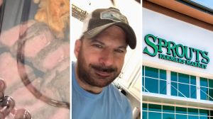 juicy steak (l) man reviews food purchase (c) Sprouts storefront (r)
