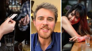 bar tab (l) man shares bar stories (c) woman drinking at a bar (r)