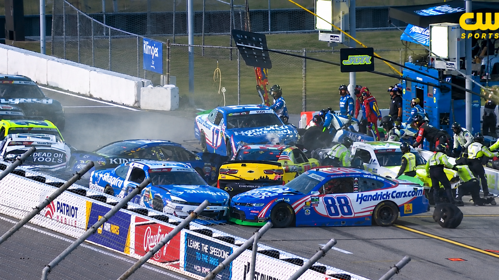 Massive Pit Lane Crash In NASCAR Race Nearly Leads To Disaster For Crew Members Massive Pit Lane Crash In NASCAR Race Nearly Leads To Disaster For Crew Members
