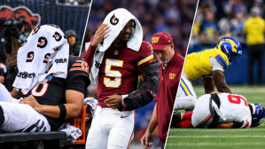 A collage shows injured NFL quarterbacks Caleb Williams of the Chicago Bears, Jayden Daniels of the Washington Commanders, and Jaxson Dart of the New York Giants.