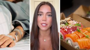 sick woman (l) woman shares sushi experience (c) take-out sushi order (r)