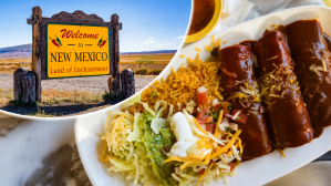 Chicken mole enchiladas at Landing Casa Del Rio, in New Richmond with a photo of a "Welcome to New Mexico" sign in the top right corner