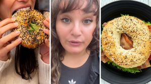 woman eating a bagel (l) woman shares food order experience (c) BLT bagel (r)