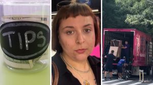 tip jar (l) woman shares Piece of Cake moving company experience (c) Piece of Cake moving company at work (r)