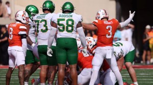 Sep 12, 2026; Stillwater, Oklahoma, USA; Oklahoma State Cowboys linebacker Tate Romney (3) reacts as the Cowboys recover a fumble by Oregon Ducks running back Dierre Hill Jr. (6) during the fourth quarter at Boone Pickens Stadium.