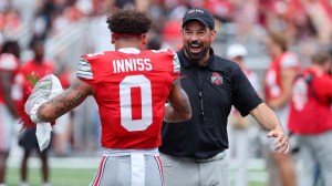 Sep 5, 2026; Columbus, Ohio, USA; Ohio State Buckeyes head coach Ryan Day greets Buckeyes wide receiver Brandon Inniss (0) as part of senior day ceremonies before the game against the Ball State Cardinals at Ohio Stadium. Mandatory