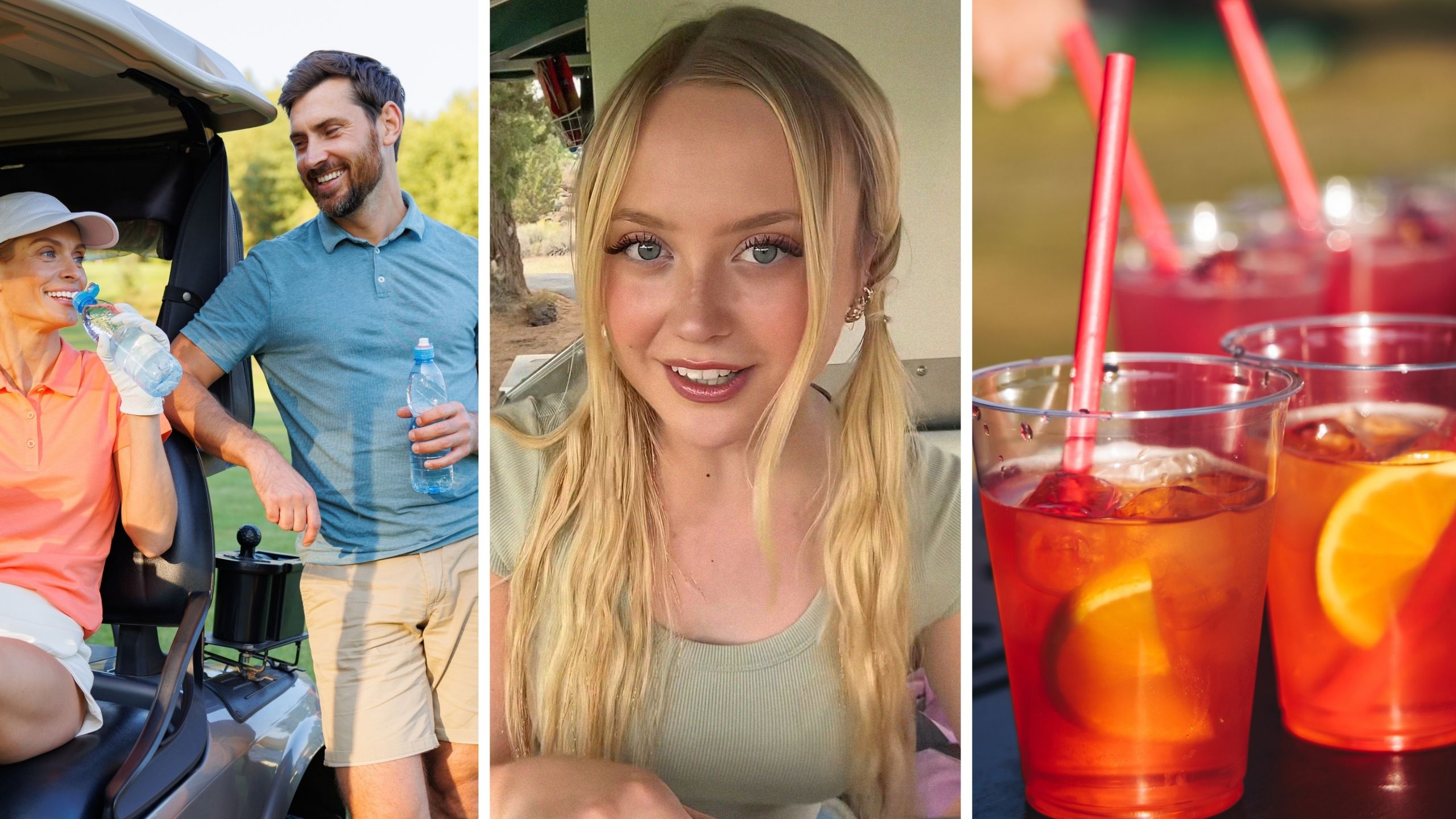 golfers sipping water (l) Bev cart girl shares job struggles (c) free cocktails (r)