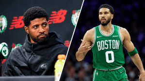 September 15, 2026; Boston, Massachusetts, USA; Boston Celtics forward Paul George (13) looks on during a press conference at The Auerbach Center at Boston Landing. Apr 30, 2026; Philadelphia, Pennsylvania, USA; Boston Celtics forward Jayson Tatum (0) reacts to his score against the Philadelphia 76ers during the second quarter at Xfinity Mobile Arena.