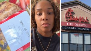 fresh salad (l) woman shares food purchase issue (c) Chick-fil-A entrance (r)