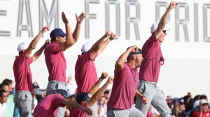 Sep 27, 2026; Medinah, Illinois, USA; Member of the U.S. Team celebrate the match victory by Jackson Koivun on the 18th green during the final round of the Presidents Cup.