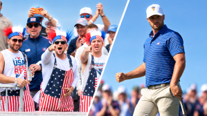 Sep 24, 2026; Medinah, Illinois, USA; U.S.A. fans cheer at the first tee during the first round of the Presidents Cup. Sep 24, 2026; Medinah, Illinois, USA; Wyndham Clark of the U.S. Team celebrates after a putt on hole eight during the first round of the Presidents Cup.