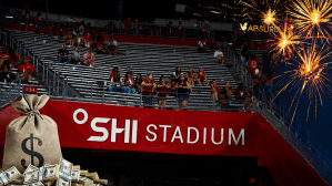 Massachusetts Minutemen at Rutgers Scarlet Knights football in Piscataway, New Jersey on Thursday, September 3, 2026. The stands look empty towards the end of the game. A stock image of a money bag and firework have been added into the collage.