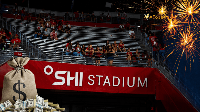 Massachusetts Minutemen at Rutgers Scarlet Knights football in Piscataway, New Jersey on Thursday, September 3, 2026. The stands look empty towards the end of the game. A stock image of a money bag and firework have been added into the collage.