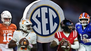 Texas QB, Arch Manning, Tennessee QB Faizon Brandon, Ole Miss QB Trinidad Chambliss, and Florida QB next to SEC logo