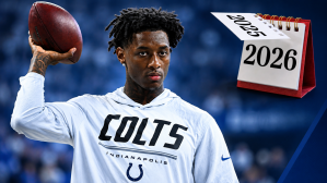 Aug 29, 2026; Indianapolis, Indiana, USA; Indianapolis Colts cornerback Sauce Gardner (1) during warm ups before the game against the Detroit Lions at Lucas Oil Stadium. A stock image of a calendar appears in the top right corner.