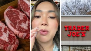 Ribeye steak (l) woman shares meat concern (c) Trader joe's storefront (r)