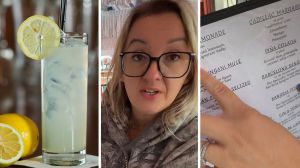 vodka lemonade (l) woman shares cocktail price observation (c) cocktail menu (r)