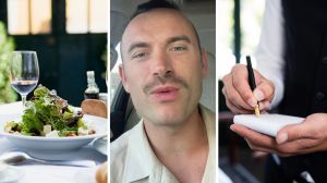 salad on the table (l) server shares his least favorite table to serve (c) server writing down the food order (r)