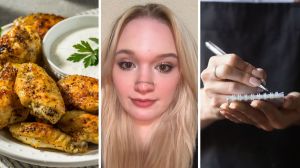 lemon pepper wings (l) woman shares co-workers serving experience (c) server taking food order (r)