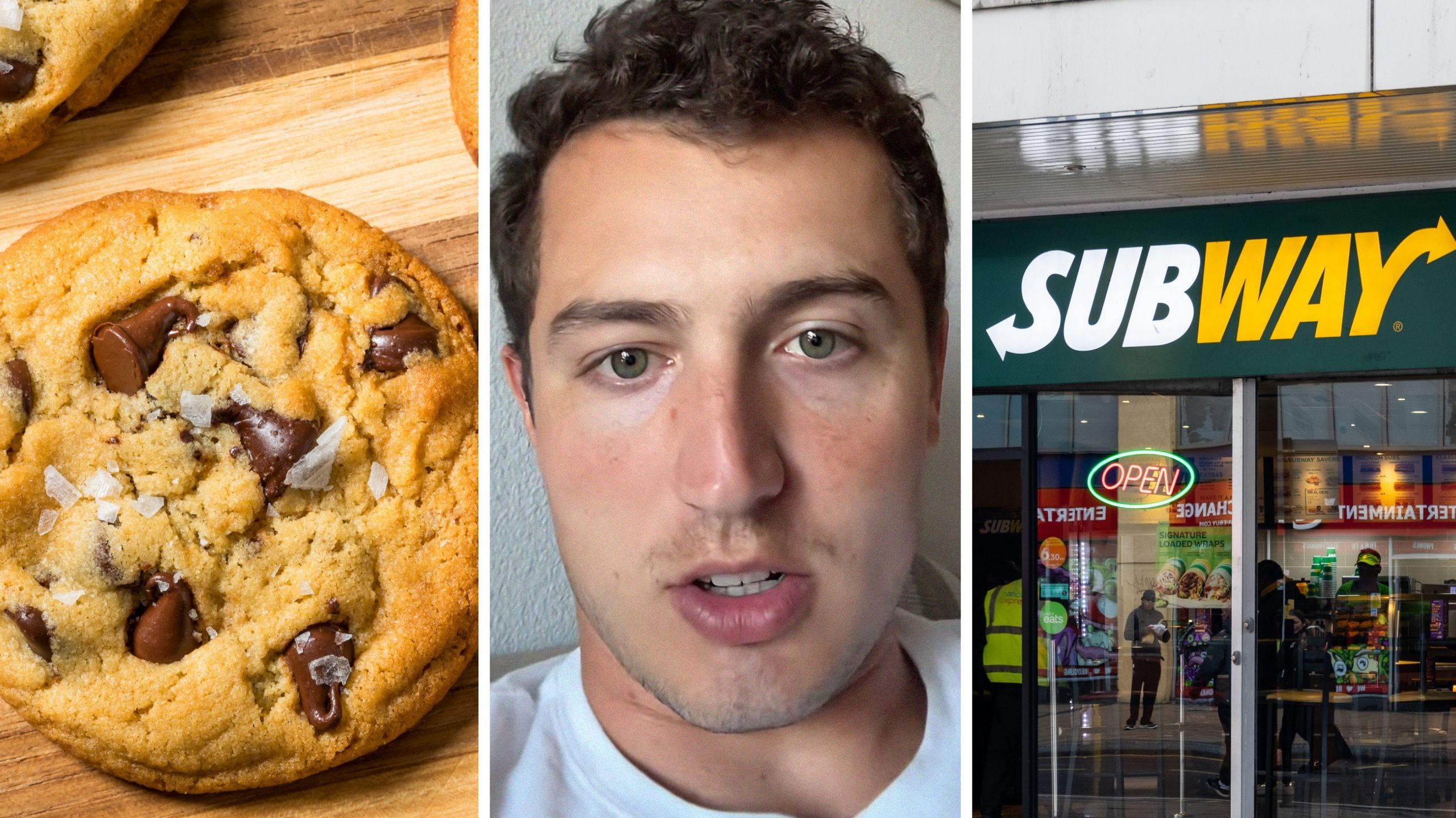 chocolate chip cookies (l) man shares subway experience (c) Subway entrance (r)