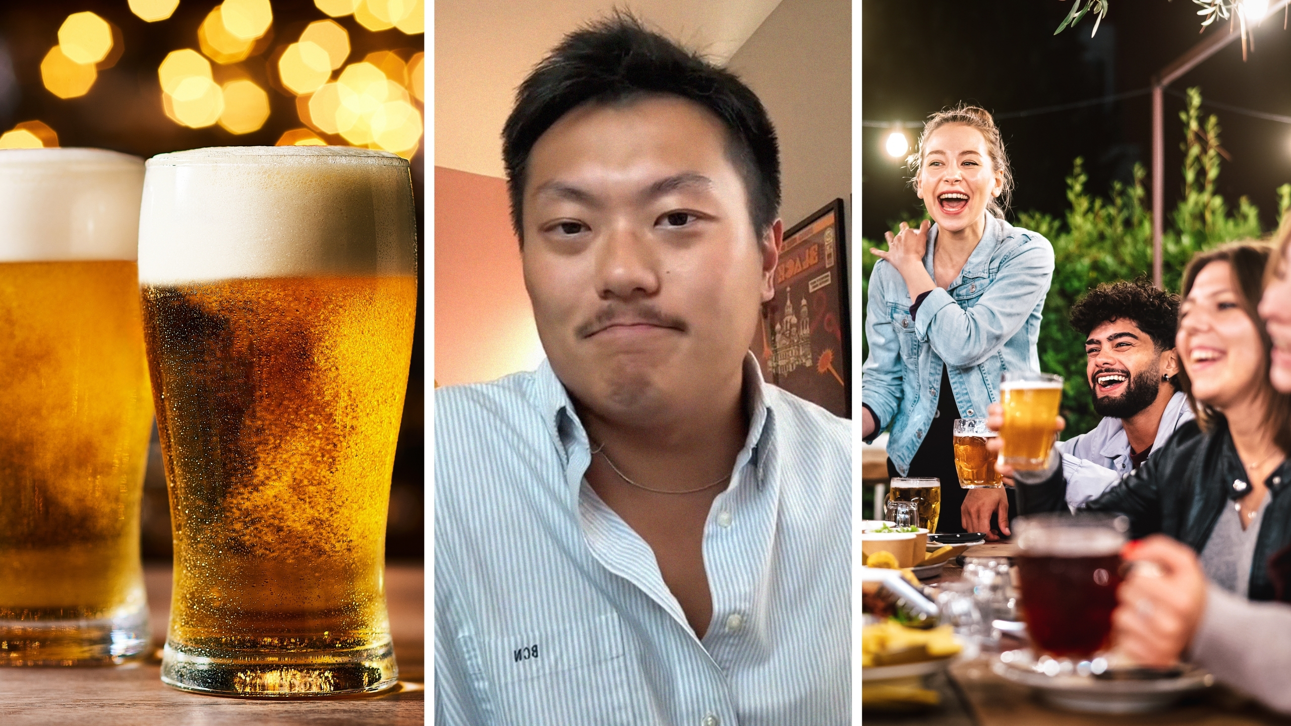 cold beer (l) man shares Wisconsin experience (c) group enjoying beers (r)