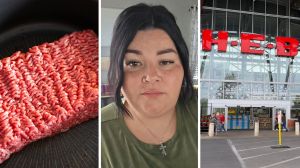 ground beef (l) woman shares beef purchase concern (c) H-e-b storefront (r)