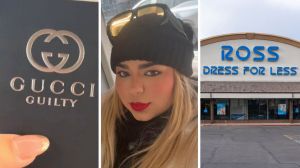 Gucci Guilty Cologne (l) woman shares perfume purchase issue (c) Ross storefront (r)